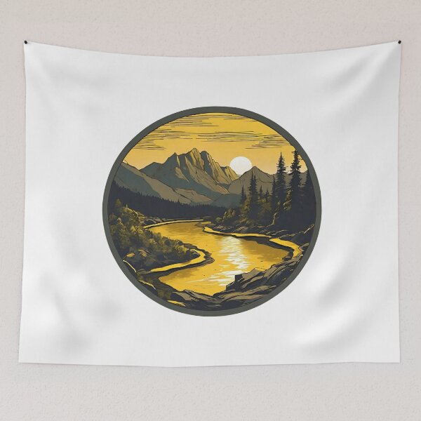 Item preview, Yellow Mountain Range Sunset With a River Flowing Through the Forest designed and sold by CharmStudio.