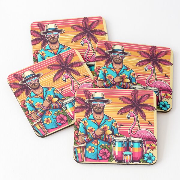 Item preview, 80s Rave Guy Hawaiian Hibiscus Tropical Palm Trees Graphic Flamingo designed and sold by CoffeeIsATrip.