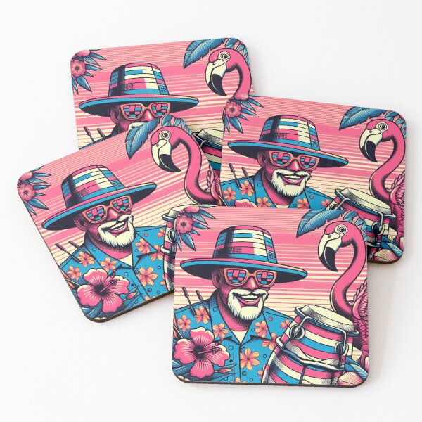 Item preview, 80s Hawaiian Hibiscus Bongo Drums Guy Tropical Palm Trees Graphic Flamingo designed and sold by CoffeeIsATrip.