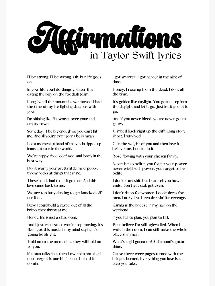 Affirmations in Taylor Swift lyrics from Debut to Midnights | Poster