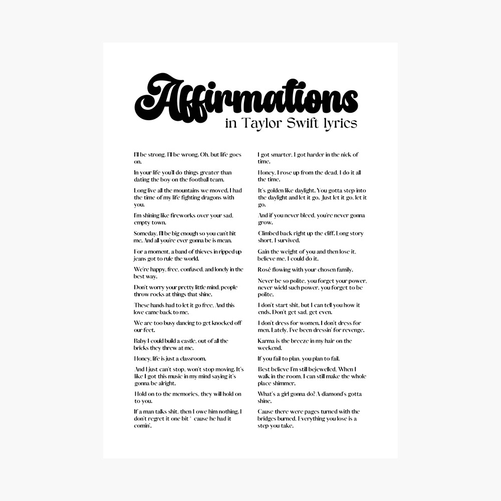 Affirmations in Taylor Swift lyrics from Debut to Midnights | Poster