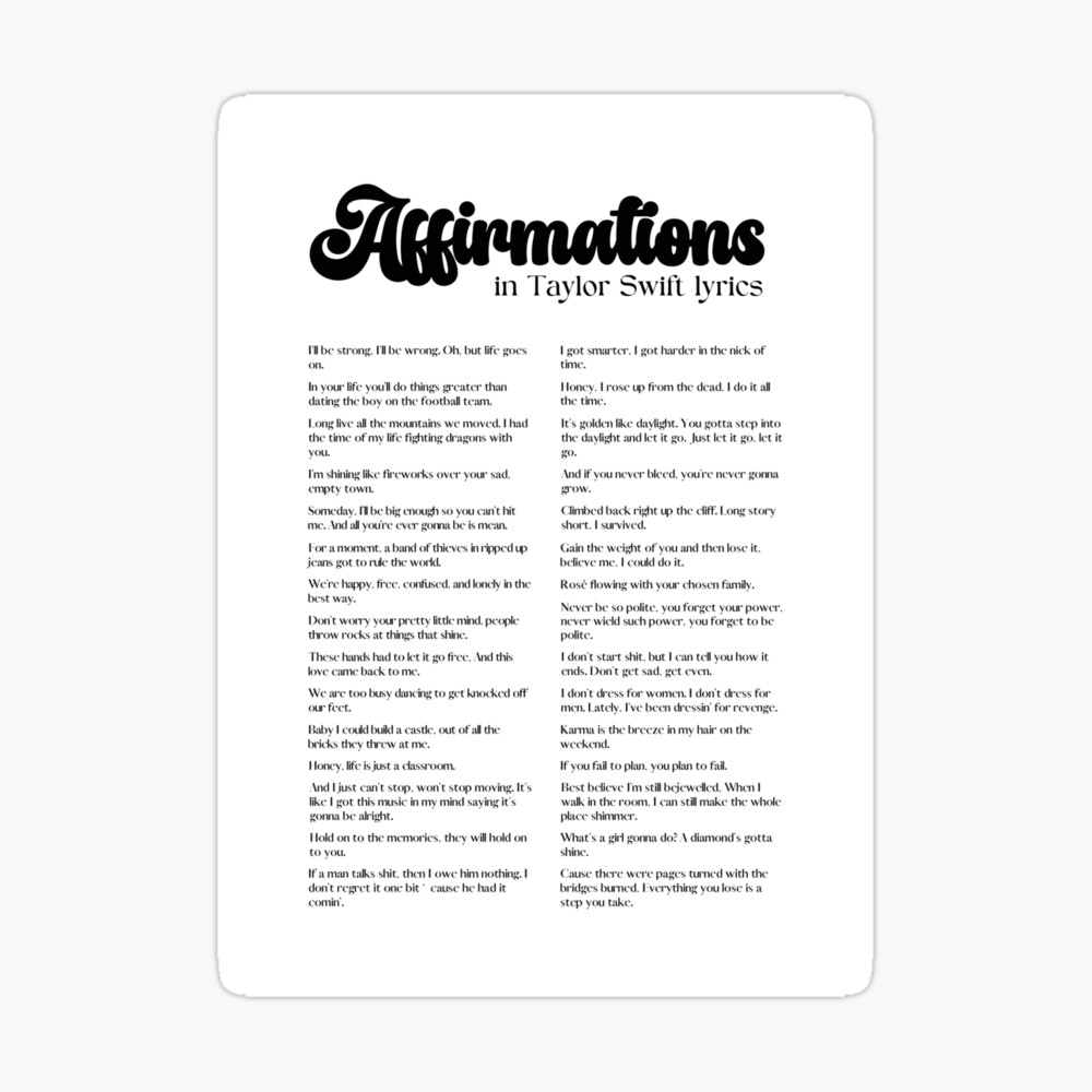 Affirmations in Taylor Swift lyrics from Debut to Midnights | Poster