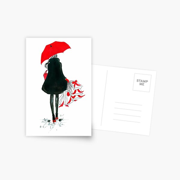 Watercolour & Ink Fashion Illustration Titled Christmas Shopping Postcard