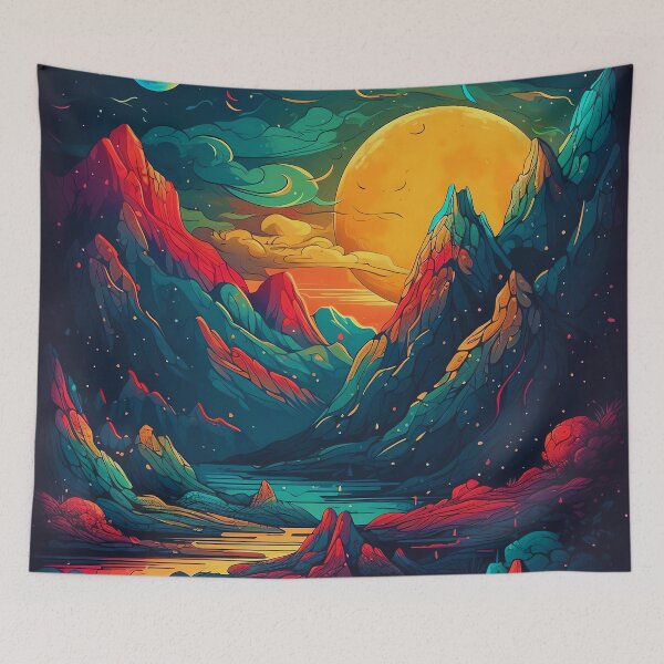 Item preview, Fantastical Landscape Art Print with Fiery Sunset and Planetary Sky designed and sold by GiveMeMood.