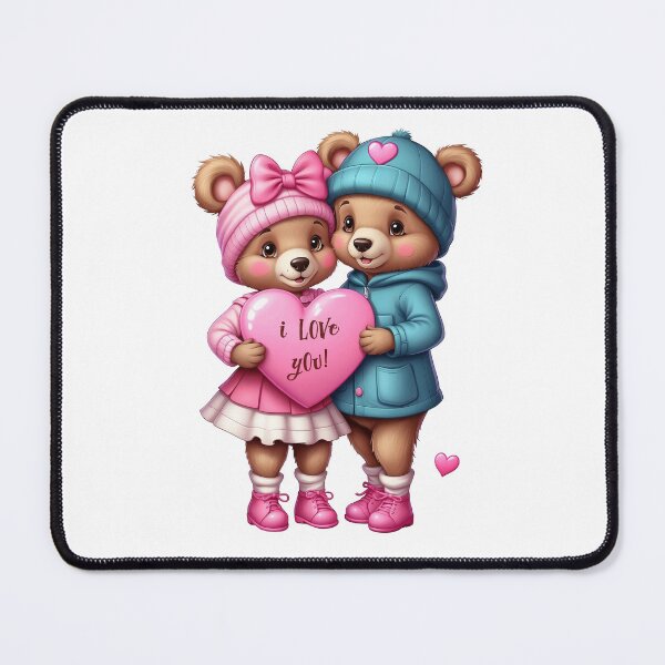 Item preview, Bear boy with a cap and bear girl with a bow holding together a big pink heart designed and sold by Niktarka.