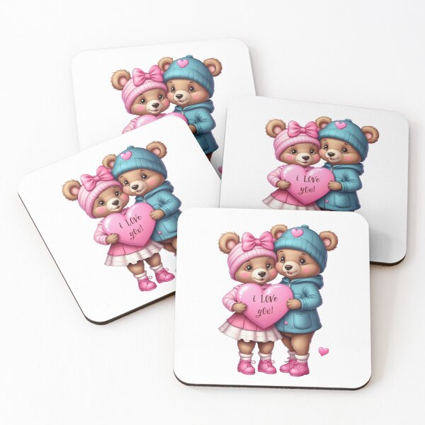 Item preview, Bear boy with a cap and bear girl with a bow holding together a big pink heart designed and sold by Niktarka.