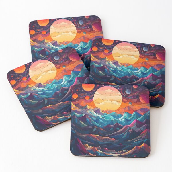 Item preview, Fantasy Landscape Art Print: Colorful Mountains, Planets, and Sunset designed and sold by GiveMeMood.