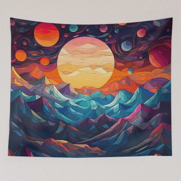 Item preview, Fantasy Landscape Art Print: Colorful Mountains, Planets, and Sunset designed and sold by GiveMeMood.