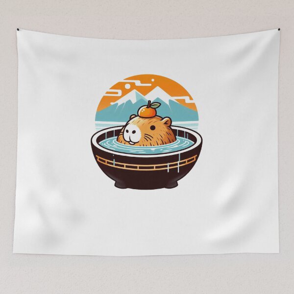 Item preview, Dont Worry be Capy - Capybara onsen with orange fuji designed and sold by happy-capy.