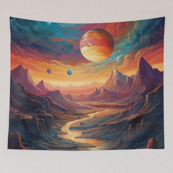 Item preview, Stunning Fantasy Landscape Art Print: Vibrant Colors, Planets, and Mountains designed and sold by GiveMeMood.