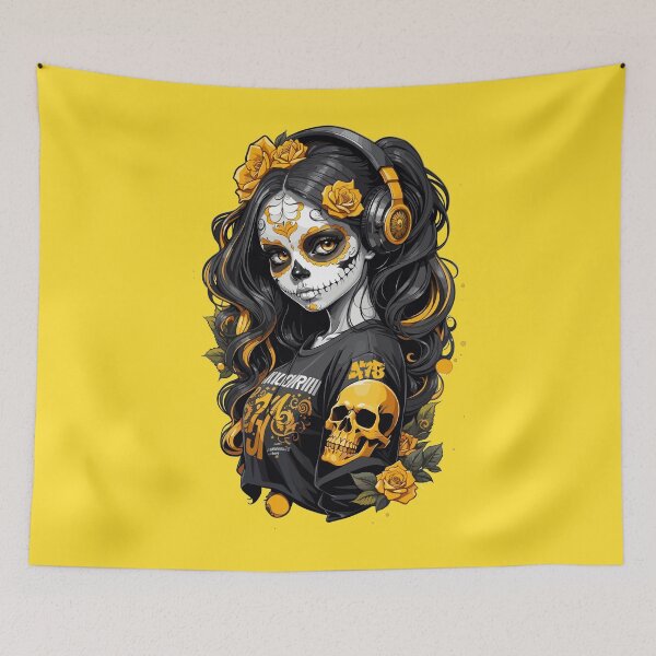Item preview, Sugar Skull Girl with Black Hair and Golden Roses designed and sold by A78-Designs.