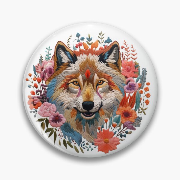Item preview, Gray wolf face forest flowers floral Embroidery hand stitched cottage core colorful pattern thread designed and sold by TankandDPS.