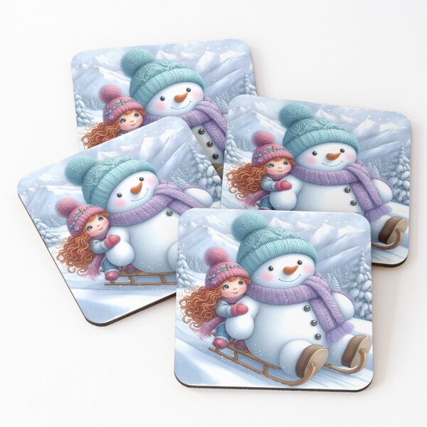 Item preview, Snowman and Girl sledding down the Slopes in the Snowy Mountains designed and sold by DreamyEscapism.