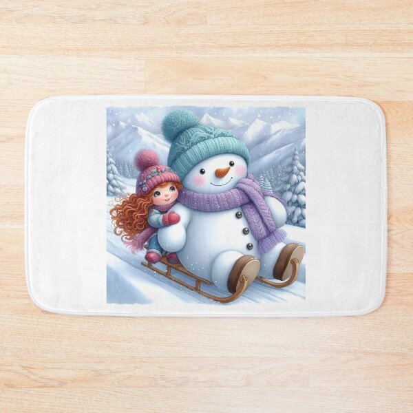 Item preview, Snowman and Girl sledding down the Slopes in the Snowy Mountains designed and sold by DreamyEscapism.