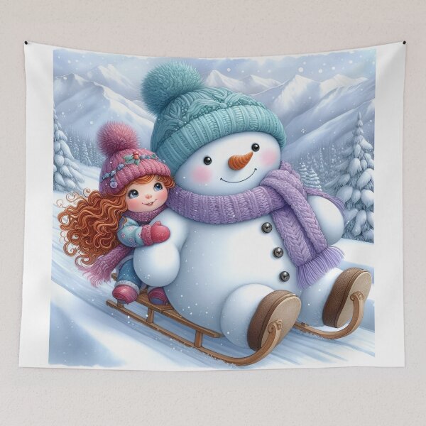 Item preview, Snowman and Girl sledding down the Slopes in the Snowy Mountains designed and sold by DreamyEscapism.