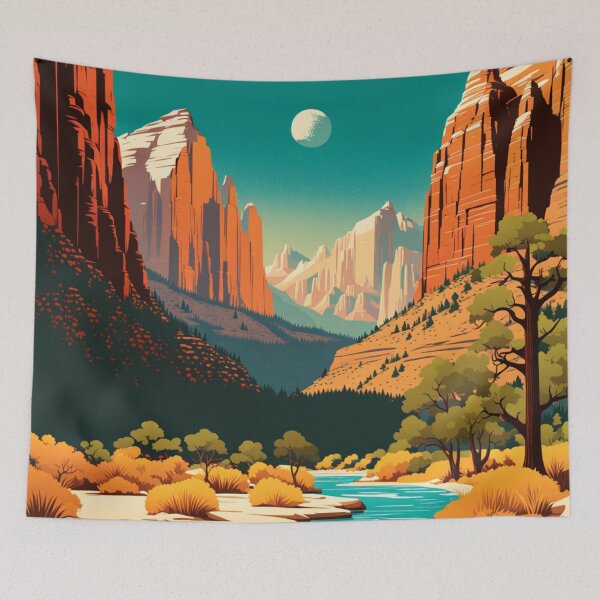 Item preview, Zion Landscape in Orange and Blue Tones with Moon designed and sold by Secondearth.