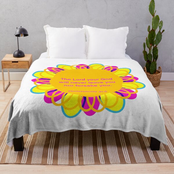 Item preview, Deuteronomy 31:6, "The Lord Your God will Never leave you nor forsake you." on Colorful Hand-drawn Flower in Yellow, Pink, and Blue - Bible Art designed and sold by Victoria Rose.