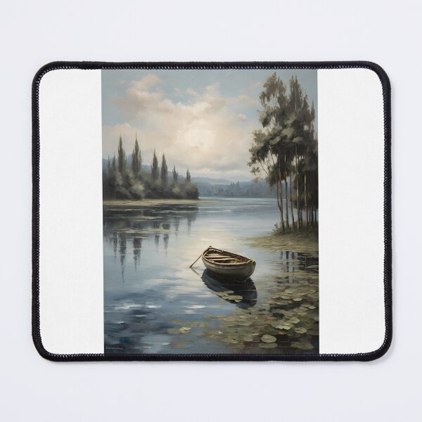 Item preview, A lonely rowing boat on a beautiful lake with water lilies, vintage oil painting designed and sold by CreativeSparkzz.