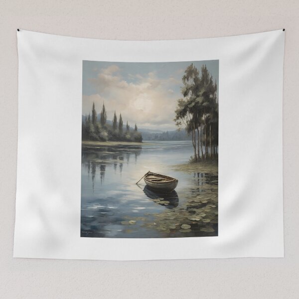 Item preview, A lonely rowing boat on a beautiful lake with water lilies, vintage oil painting designed and sold by CreativeSparkzz.