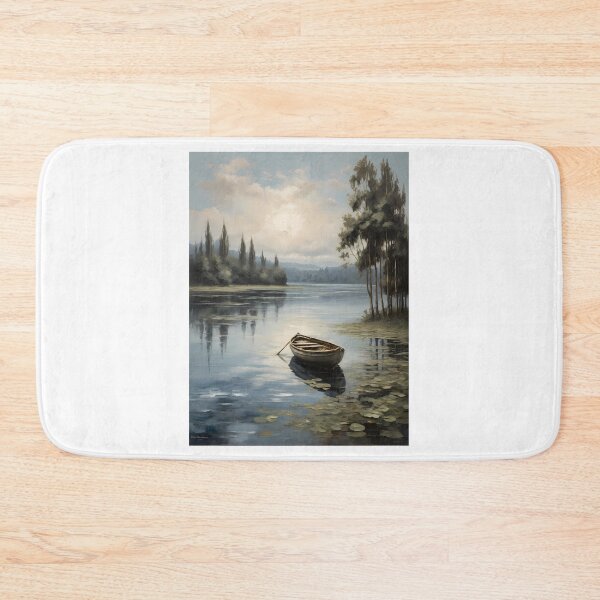 Item preview, A lonely rowing boat on a beautiful lake with water lilies, vintage oil painting designed and sold by CreativeSparkzz.