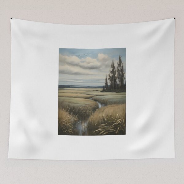 Item preview, A small stream runs through fields and meadows, vintage oil painting designed and sold by CreativeSparkzz.