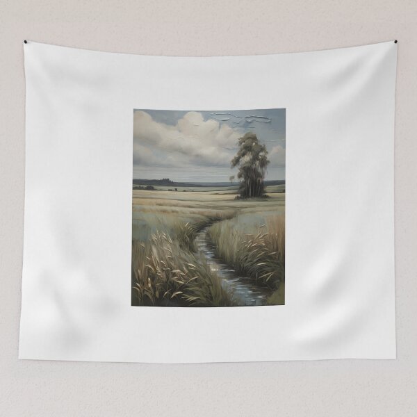 Item preview, A small stream runs through fields and meadows, vintage oil painting designed and sold by CreativeSparkzz.