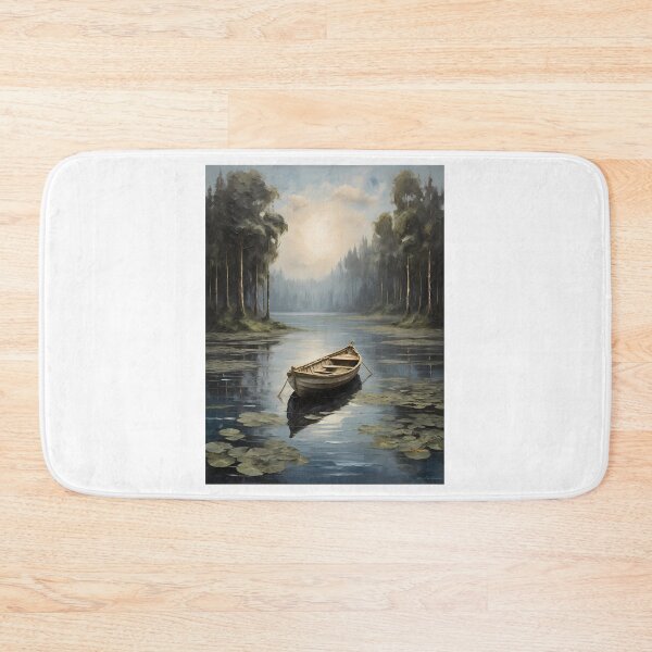 Item preview, A lonely rowing boat on a beautiful lake with water lilies, vintage oil painting designed and sold by CreativeSparkzz.