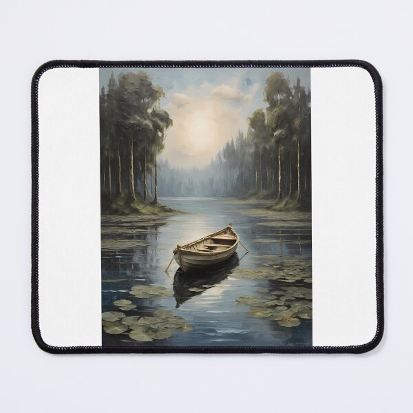 Item preview, A lonely rowing boat on a beautiful lake with water lilies, vintage oil painting designed and sold by CreativeSparkzz.