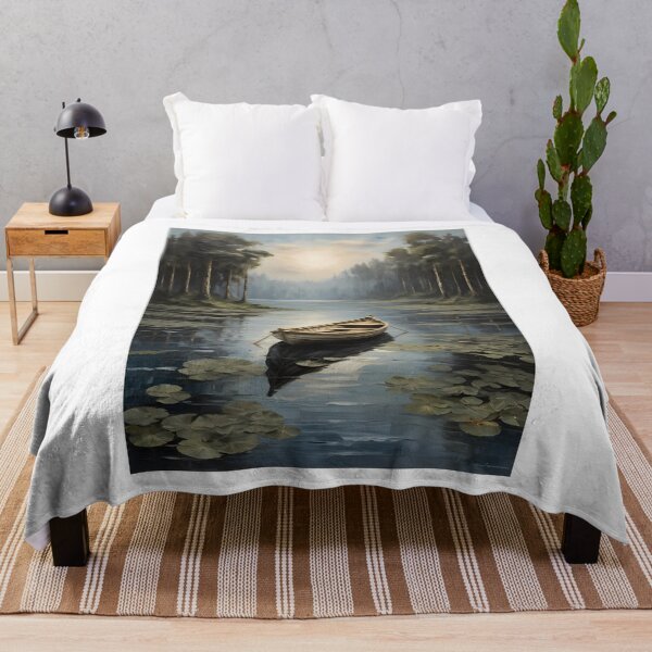 Item preview, A lonely rowing boat on a beautiful lake with water lilies, vintage oil painting designed and sold by CreativeSparkzz.