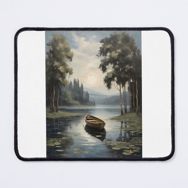 Item preview, A lonely rowing boat on a beautiful lake with water lilies, vintage oil painting designed and sold by CreativeSparkzz.