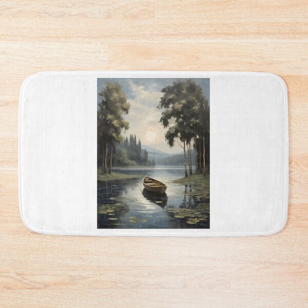 Item preview, A lonely rowing boat on a beautiful lake with water lilies, vintage oil painting designed and sold by CreativeSparkzz.