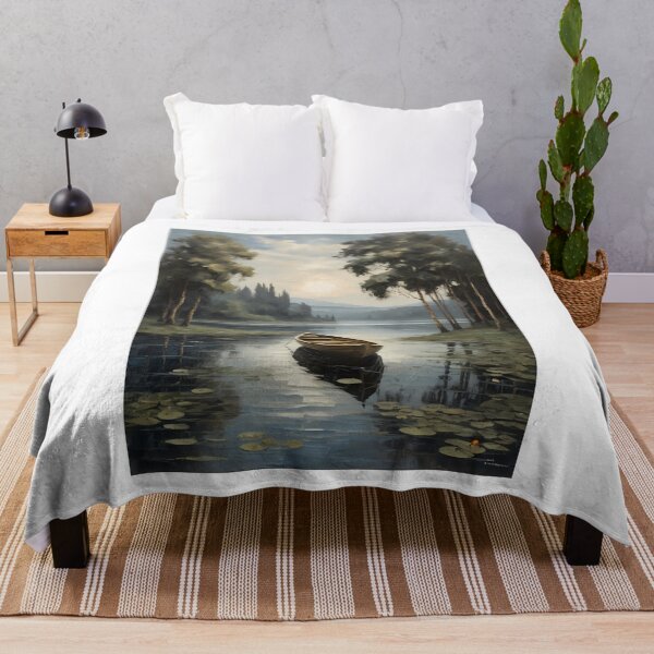 Item preview, A lonely rowing boat on a beautiful lake with water lilies, vintage oil painting designed and sold by CreativeSparkzz.