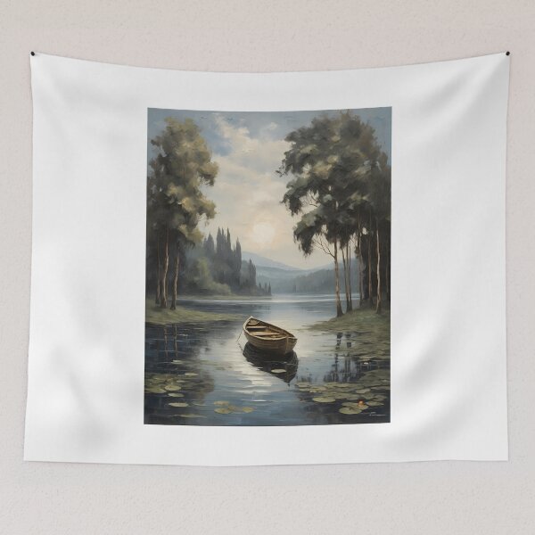 Item preview, A lonely rowing boat on a beautiful lake with water lilies, vintage oil painting designed and sold by CreativeSparkzz.