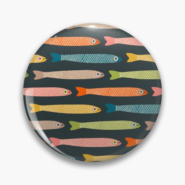 Item preview, ANCHOVIES Bright Graphic Fun Groovy Fish in Vintage Orange Yellow Pink Blue Green Beige on Charcoal - Horizontal Layout - UnBlink Studio by Jackie Tahara designed and sold by Jackie Tahara of UnBlink Studio.
