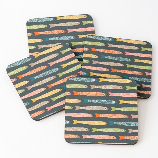 Item preview, ANCHOVIES Bright Graphic Fun Groovy Fish in Vintage Orange Yellow Pink Blue Green Beige on Charcoal - Horizontal Layout - UnBlink Studio by Jackie Tahara designed and sold by Jackie Tahara of UnBlink Studio.