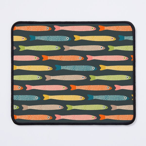 Item preview, ANCHOVIES Bright Graphic Fun Groovy Fish in Vintage Orange Yellow Pink Blue Green Beige on Charcoal - Horizontal Layout - UnBlink Studio by Jackie Tahara designed and sold by Jackie Tahara of UnBlink Studio.