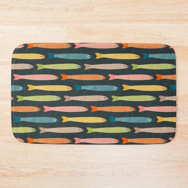 Item preview, ANCHOVIES Bright Graphic Fun Groovy Fish in Vintage Orange Yellow Pink Blue Green Beige on Charcoal - Horizontal Layout - UnBlink Studio by Jackie Tahara designed and sold by Jackie Tahara of UnBlink Studio.