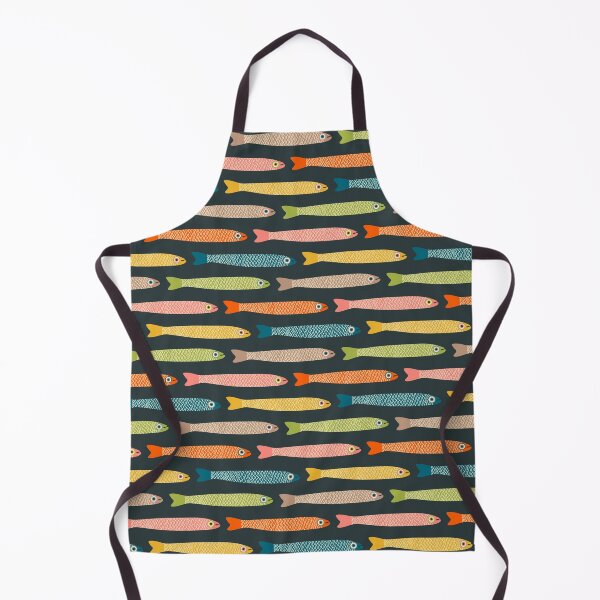 Item preview, ANCHOVIES Bright Graphic Fun Groovy Fish in Vintage Orange Yellow Pink Blue Green Beige on Charcoal - Horizontal Layout - UnBlink Studio by Jackie Tahara designed and sold by Jackie Tahara of UnBlink Studio.