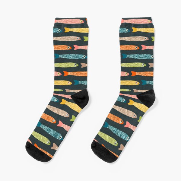 ANCHOVIES Bright Graphic Fun Groovy Fish in Vintage Orange Yellow Pink Blue Green Beige on Charcoal - Horizontal Layout - UnBlink Studio by Jackie Tahara Socks