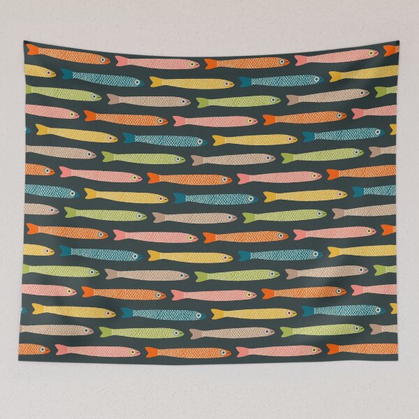 Item preview, ANCHOVIES Bright Graphic Fun Groovy Fish in Vintage Orange Yellow Pink Blue Green Beige on Charcoal - Horizontal Layout - UnBlink Studio by Jackie Tahara designed and sold by Jackie Tahara of UnBlink Studio.