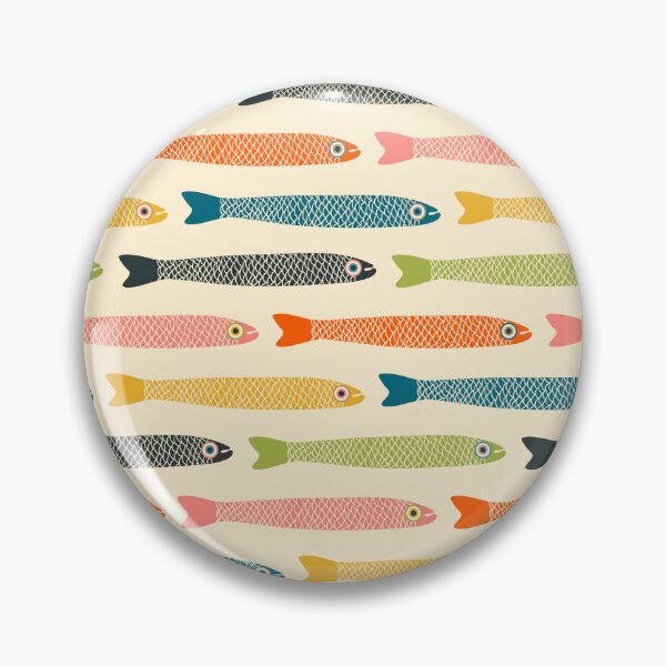 Item preview, ANCHOVIES Bright Graphic Fun Groovy Fish in Vintage Orange Yellow Pink Blue Green Charcoal on Cream - Horizontal Layout - UnBlink Studio by Jackie Tahara designed and sold by Jackie Tahara of UnBlink Studio.