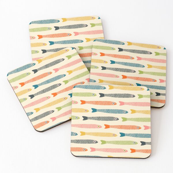 Item preview, ANCHOVIES Bright Graphic Fun Groovy Fish in Vintage Orange Yellow Pink Blue Green Charcoal on Cream - Horizontal Layout - UnBlink Studio by Jackie Tahara designed and sold by Jackie Tahara of UnBlink Studio.