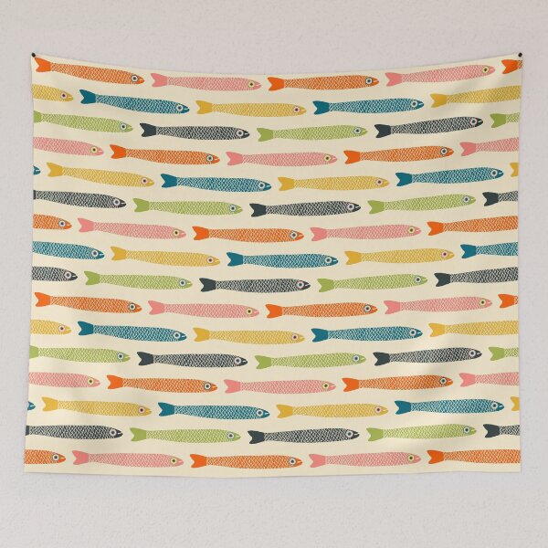 Item preview, ANCHOVIES Bright Graphic Fun Groovy Fish in Vintage Orange Yellow Pink Blue Green Charcoal on Cream - Horizontal Layout - UnBlink Studio by Jackie Tahara designed and sold by Jackie Tahara of UnBlink Studio.