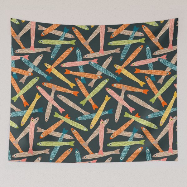 Artikelvorschau, SARDELLEN Heller grafischer, lustiger, grooviger Fisch in Vintage-Orange, Gelb, Rosa, Blau, Grün, Beige auf Holzkohle – Tossed-Layout – UnBlink Studio von Jackie Tahara entworfen und verkauft von Jackie Tahara of UnBlink Studio.