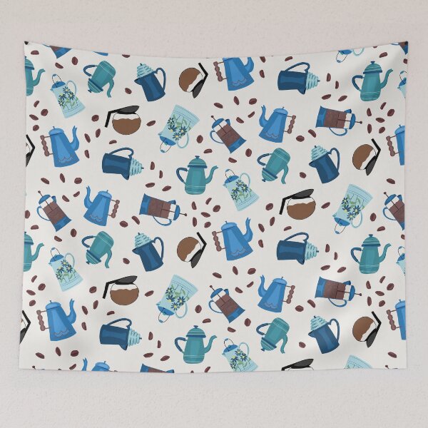Item preview, Blue Coffee Kettles and Espresso Beans - tossed designed and sold by Ingrid Poole.