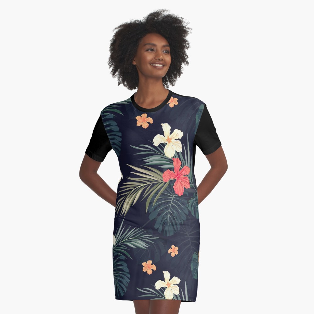 Dark tropical flowers Graphic T-Shirt Dress