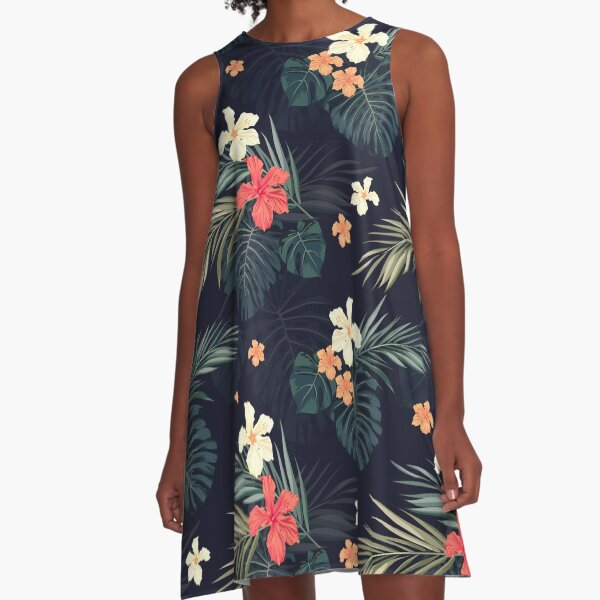 Dark tropical flowers A-Line Dress