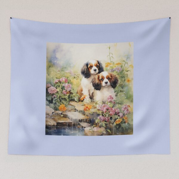 Item preview, cavalier king charles spaniels in a Flower Garden (Watercolor) designed and sold by Samuelsboro.