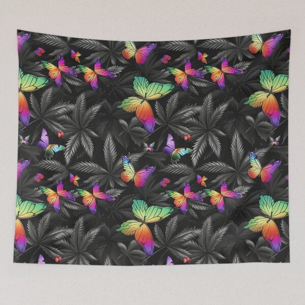 Item preview,  Rainbow Butterflies with Dark Cannabis Weed Leaves Seamless Pattern designed and sold by MedicatedMedusa.
