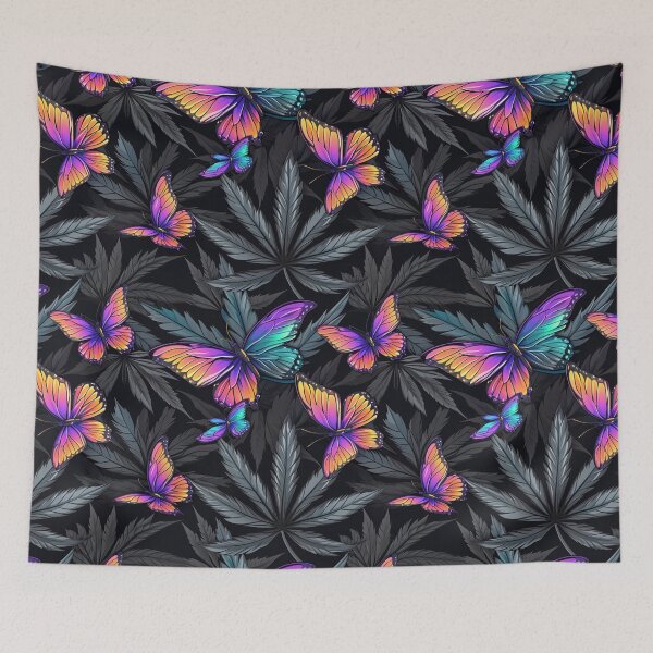 Item preview, Vibrant Butterflies and Cannabis Weed Leaves Seamless Pattern designed and sold by MedicatedMedusa.